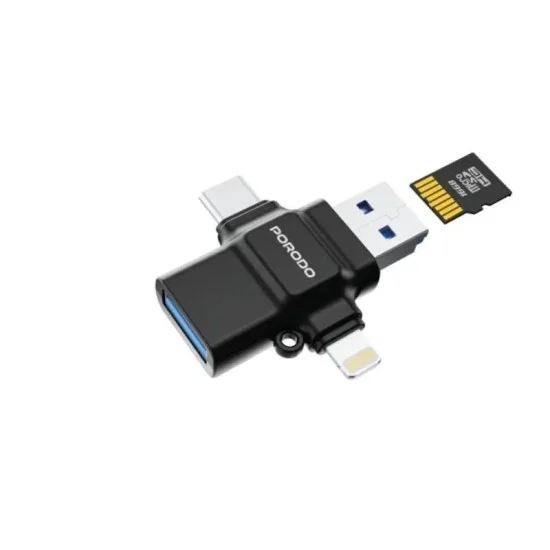 Porodo 4-In-1 Otg Adapter, Tf Card Reader - Black